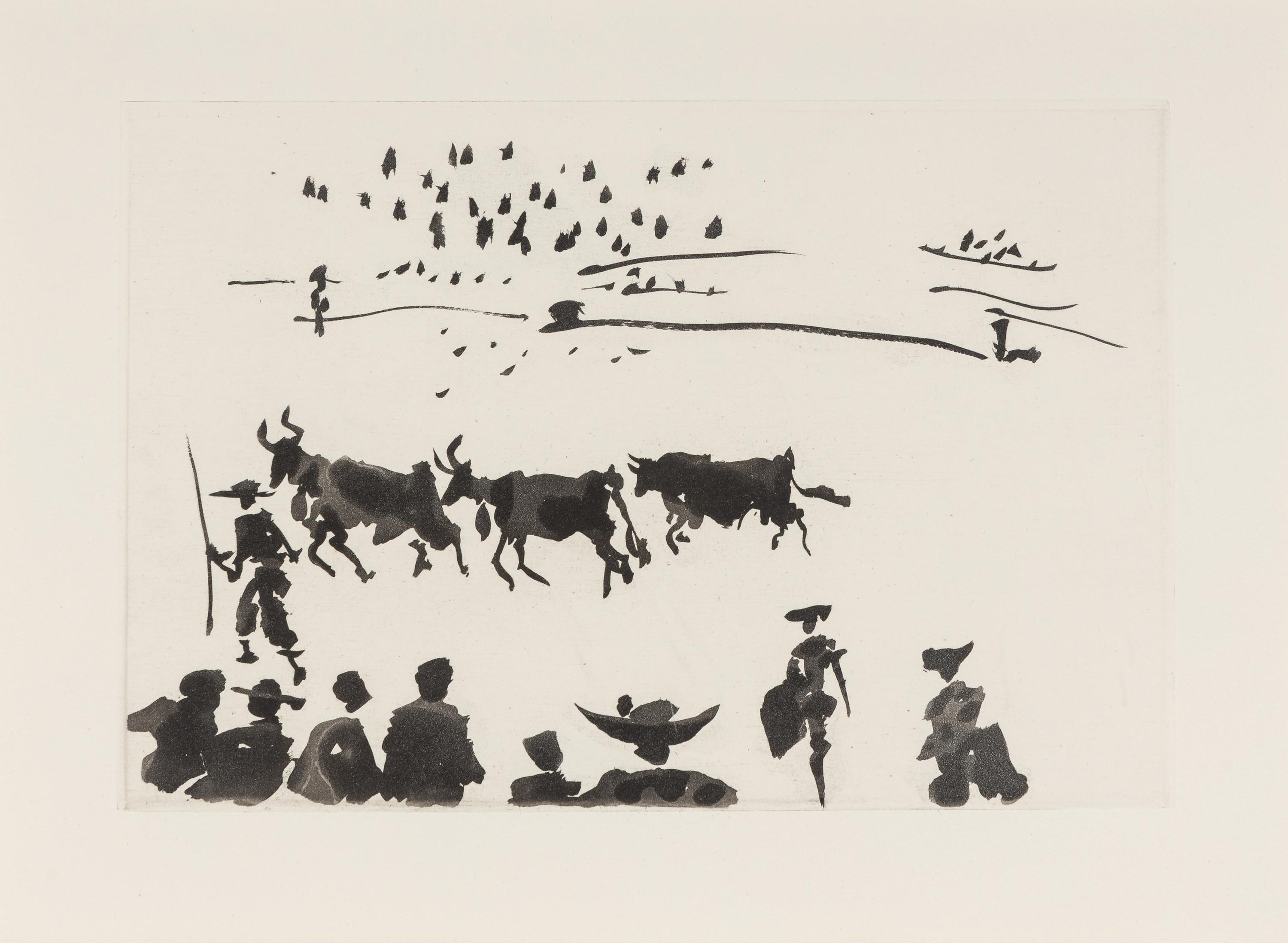 A pair of prints ( El Arrastre ; Los Cabestros retiran al Toro Manso ) from ' José Delgado: La Tauromaquia ', 1957
