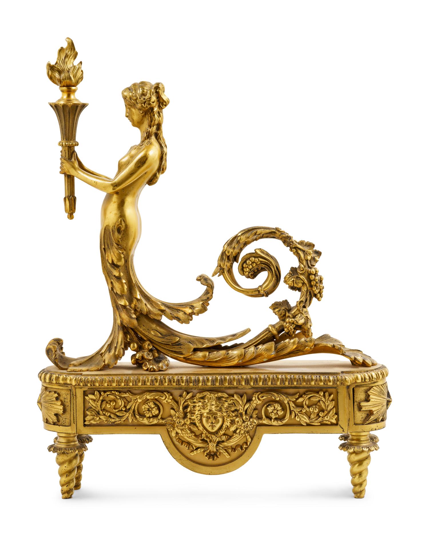 A Pair of Napoleon III Style Gilt Bronze Figural Chenets