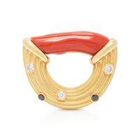 CHRISTOPHER WALLING, YELLOW GOLD, CORAL, DIAMOND AND BLACK DIAMOND BROOCH