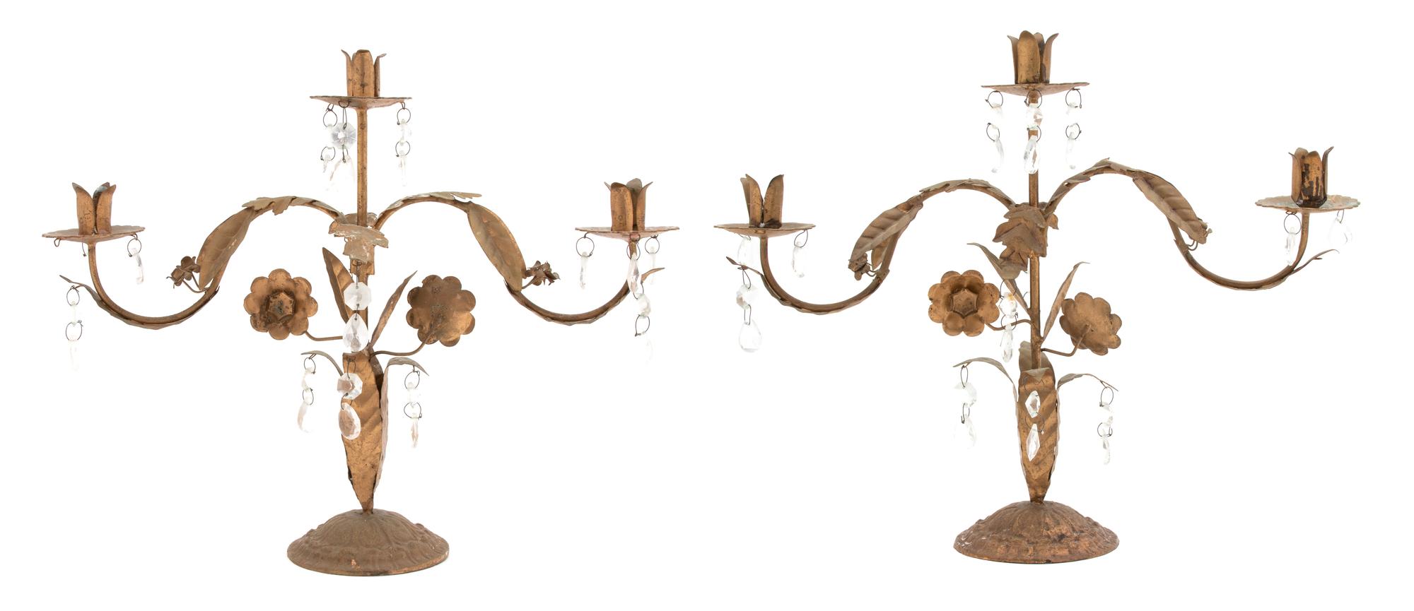 A Pair of French Gilt Bronze Three-Light Foliate-Form Candelabra Height 16 x width 20 x depth 5 inches. — 19TH CENTURY