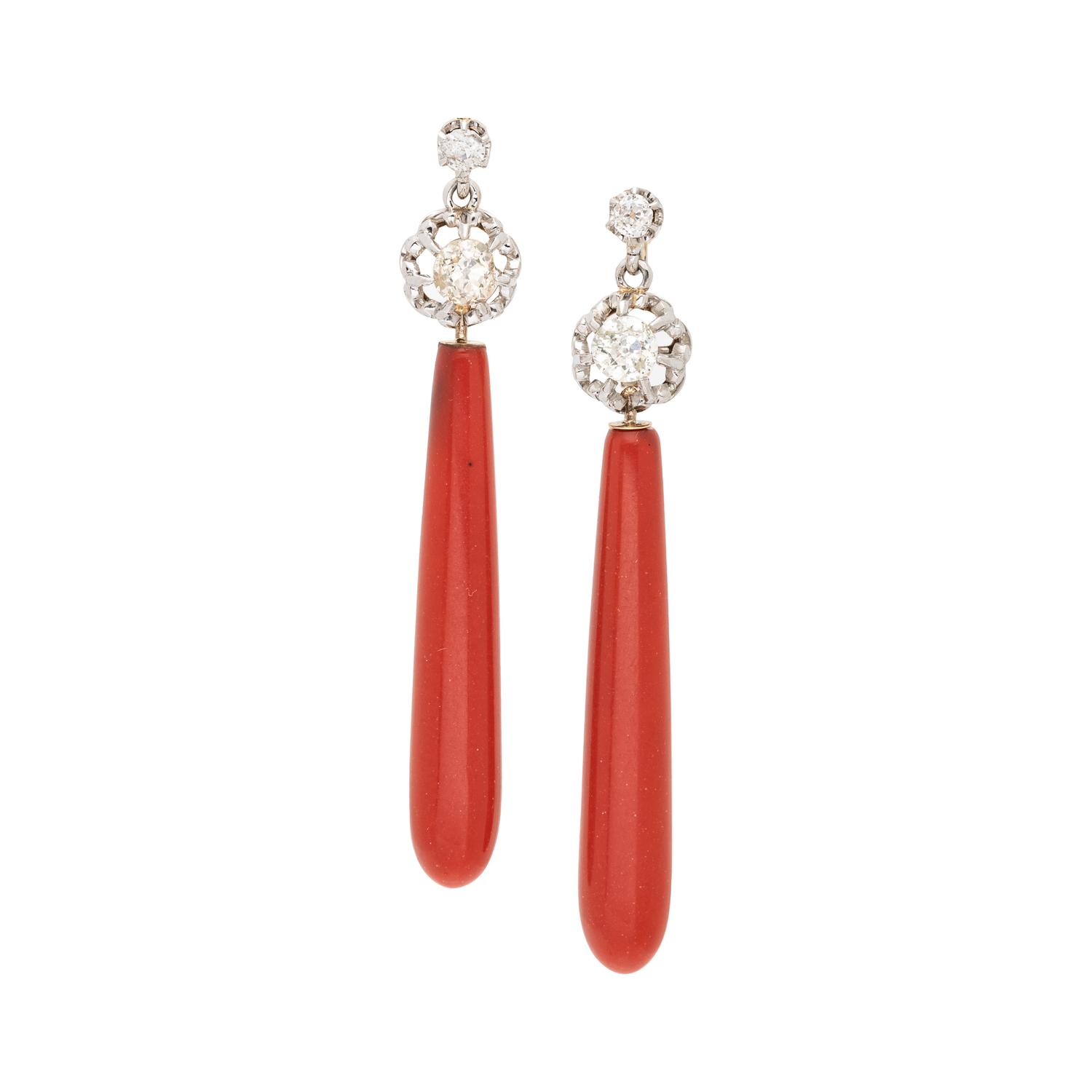 PLATINUM, YELLOW GOLD, CORAL, AND DIAMOND EARRINGS