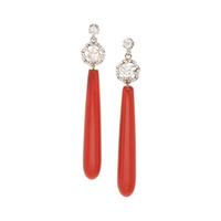 PLATINUM, YELLOW GOLD, CORAL, AND DIAMOND EARRINGS