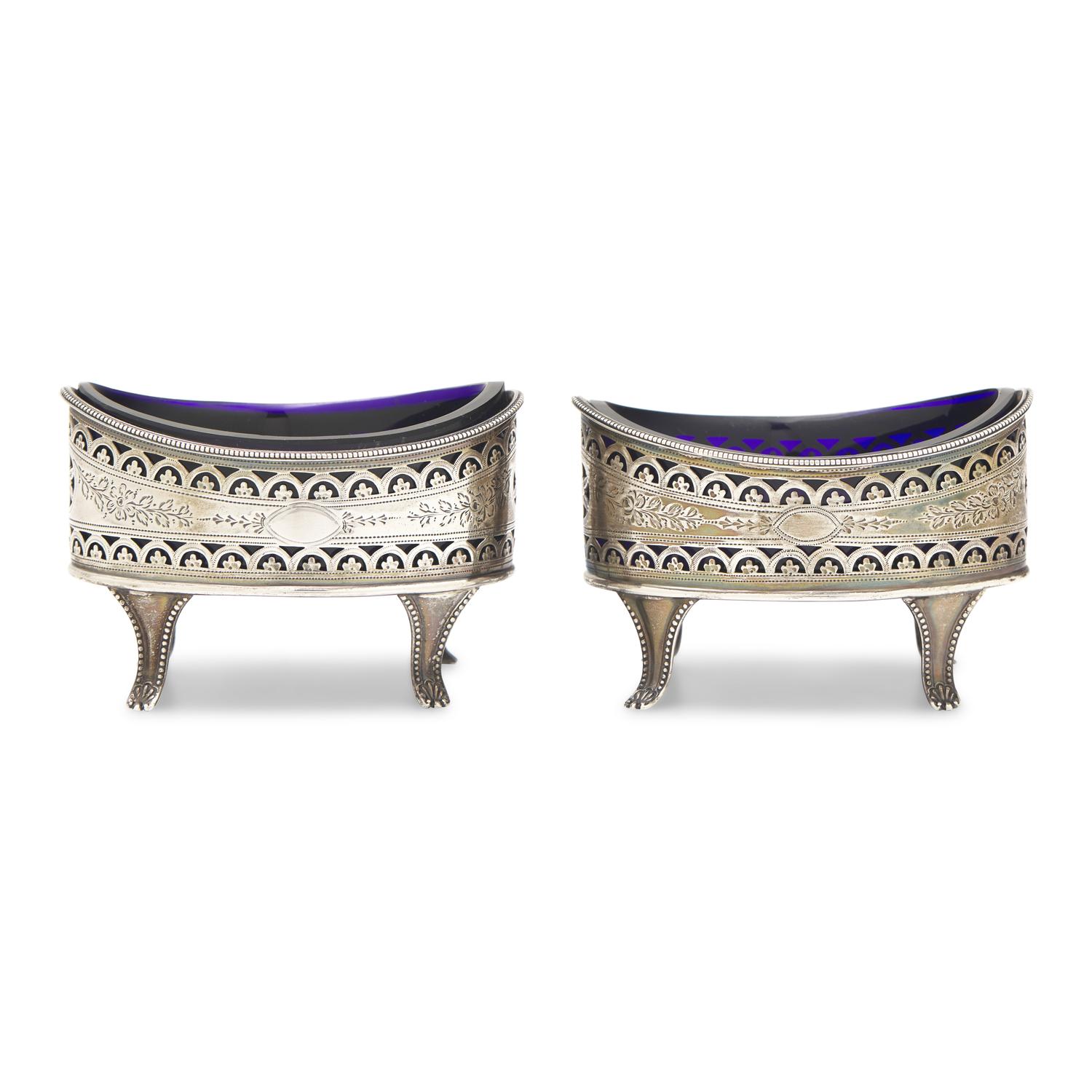 A Pair of George III Engraved and Pierced Silver Lozenge-Form Salt Cellars
