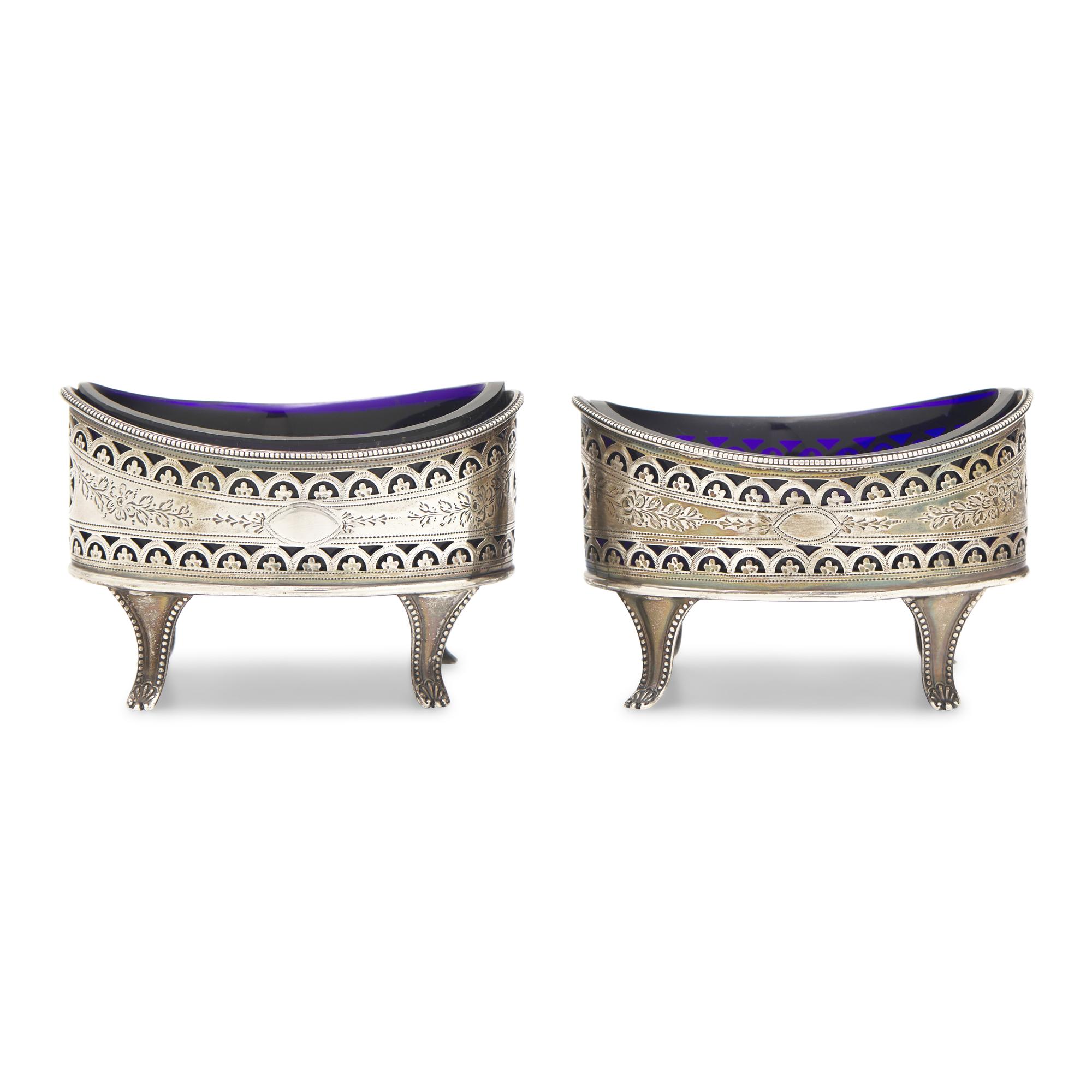 A Pair of George III Engraved and Pierced Silver Lozenge-Form Salt Cellars