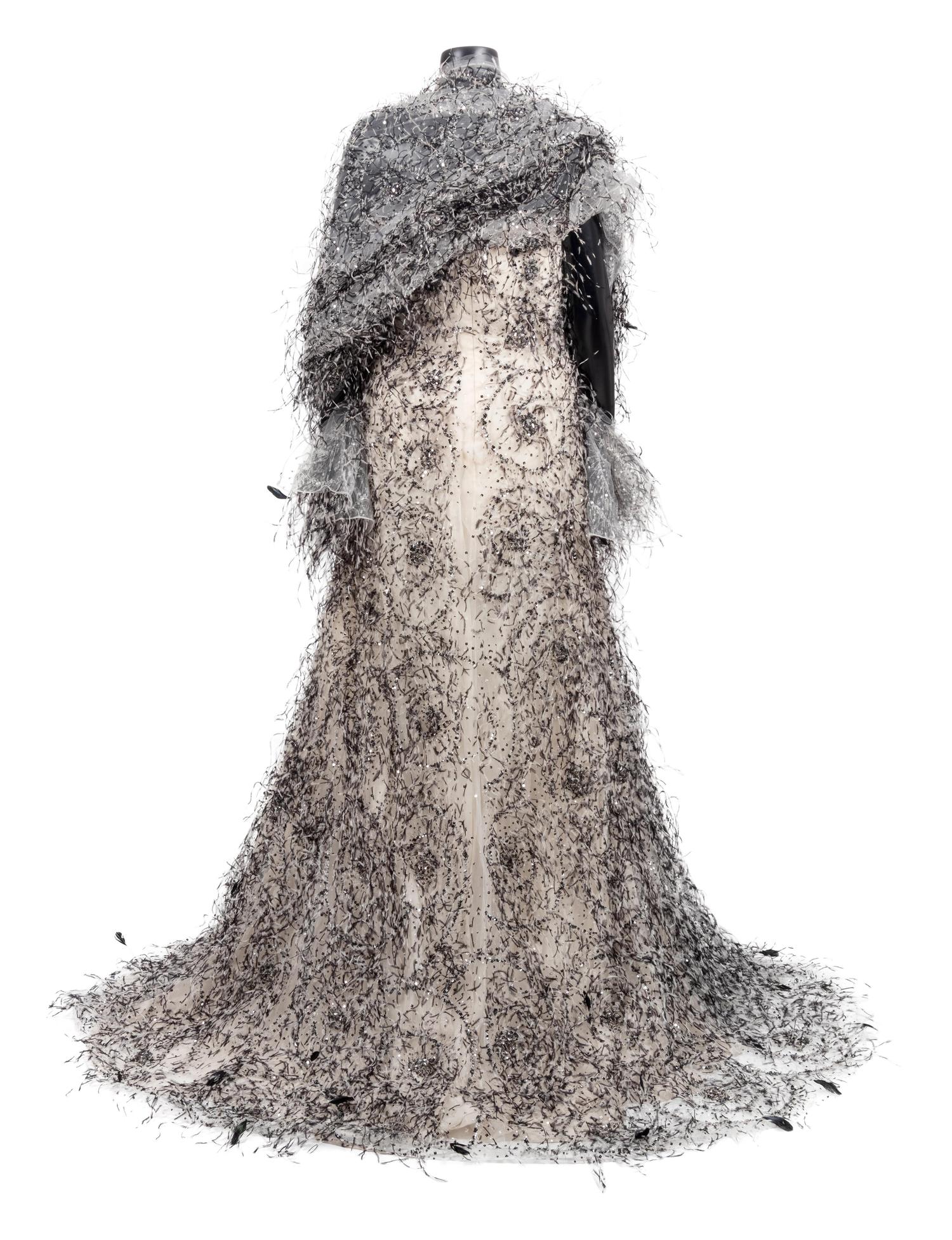 Bill Blass Ostrich Feather Evening Dress with Wrap, From the Ebony Fashion Fair, 1990-2000s