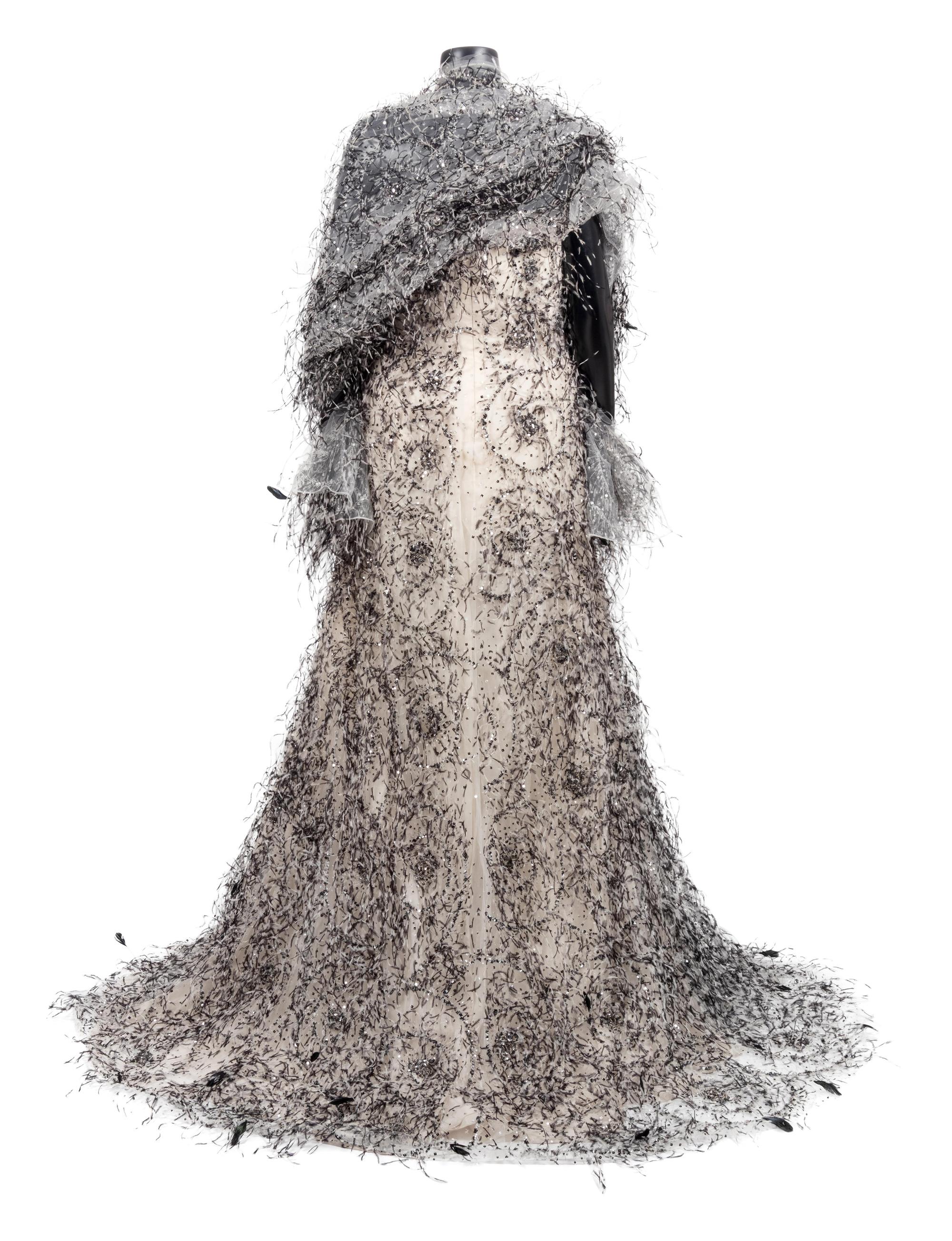 Bill Blass Ostrich Feather Evening Dress with Wrap, From the Ebony Fashion Fair, 1990-2000s