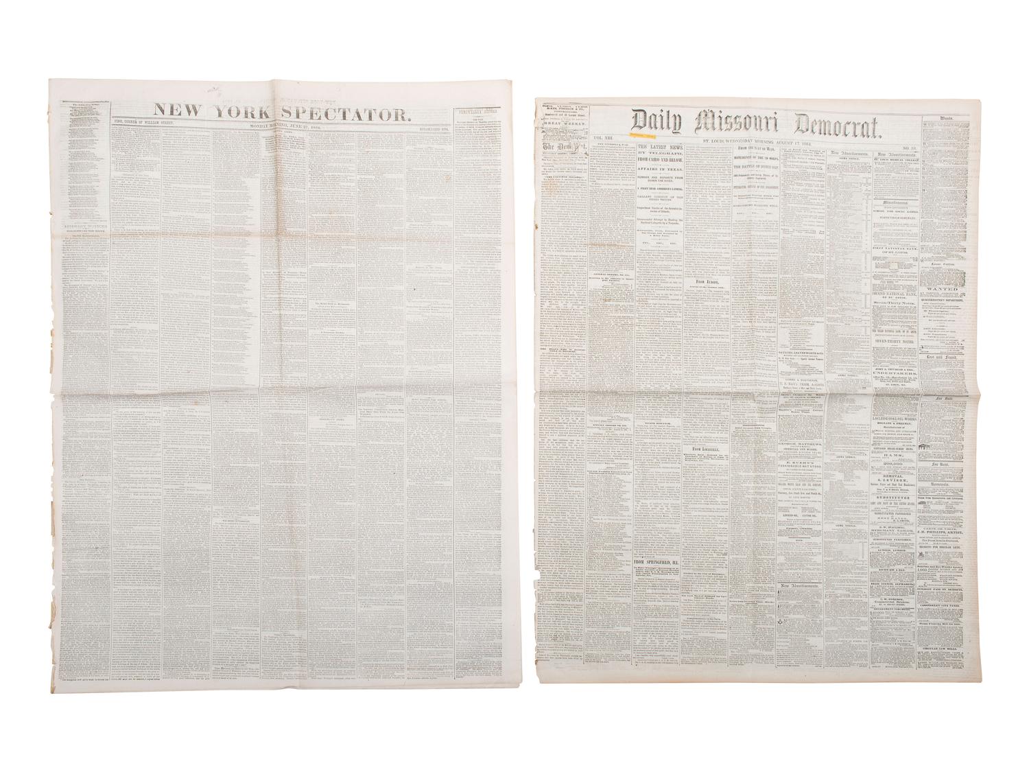 [CIVIL WAR]. A group of 7 war-date newspapers reporting on matters involving slavery and African American troops, highlighted by coverage of the 54th Massachusetts Infantry's actions at Battery Wagner. 1862-1864.