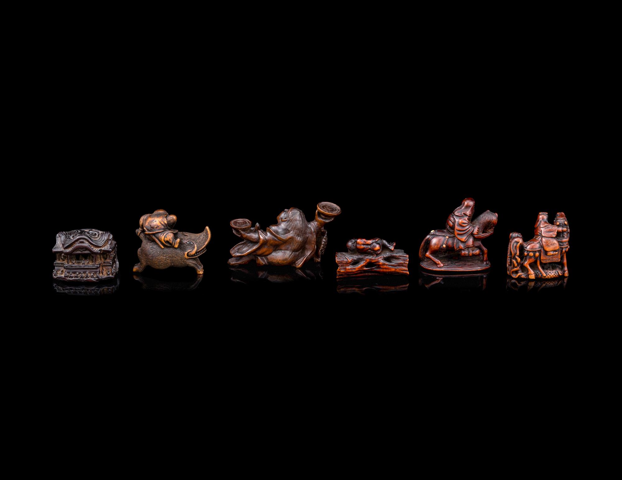 Six Japanese Carved Wood 'Figural Group' Netsuke