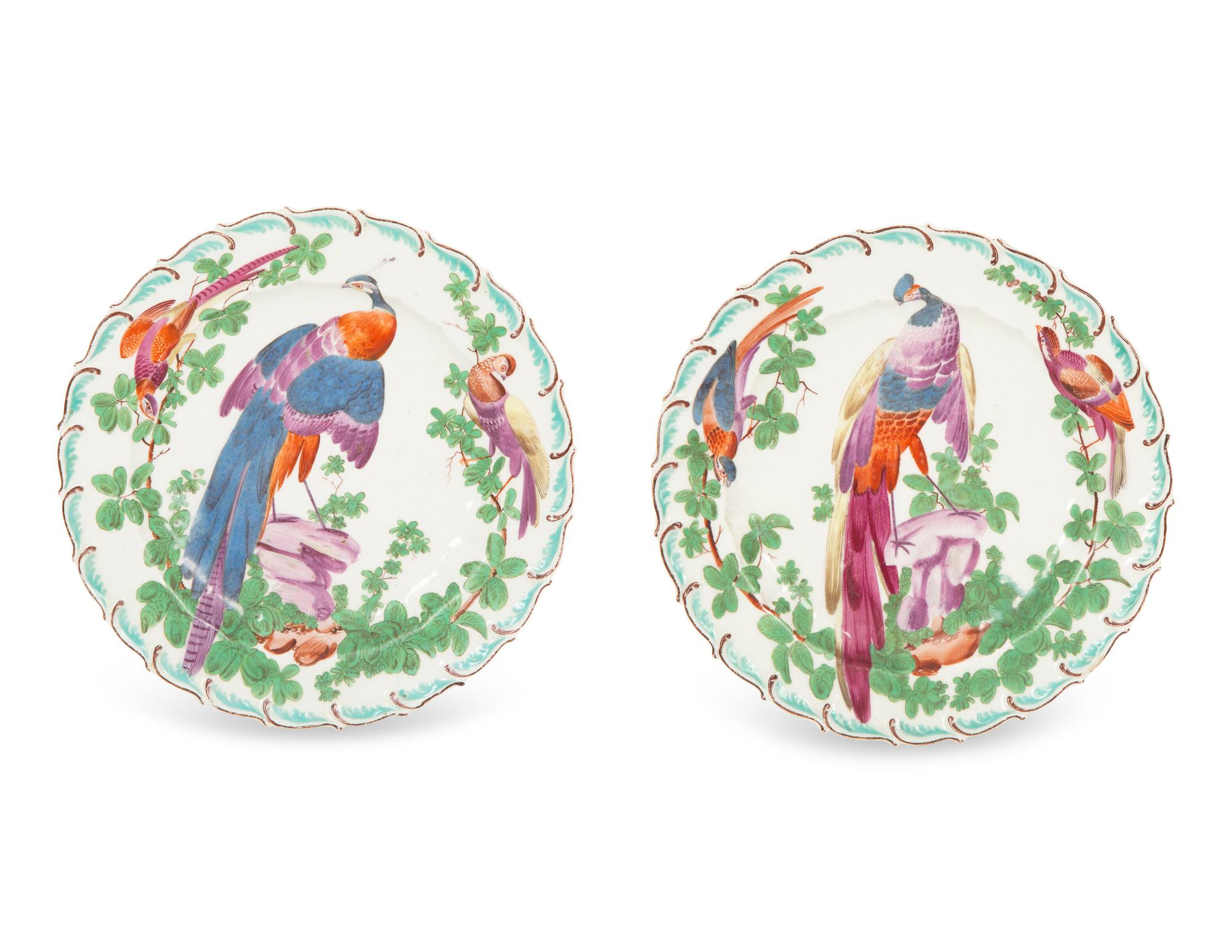 A Pair of Chelsea Porcelain Exotic Bird Plates