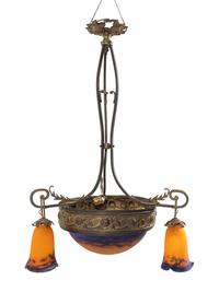 A Continental Bronze and Glass Three-Light Chandelier