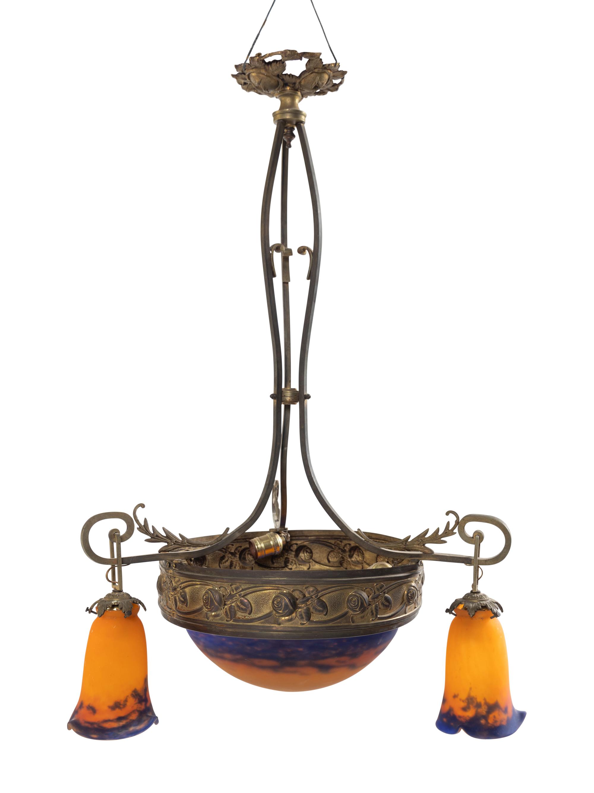 A Continental Bronze and Glass Three-Light Chandelier