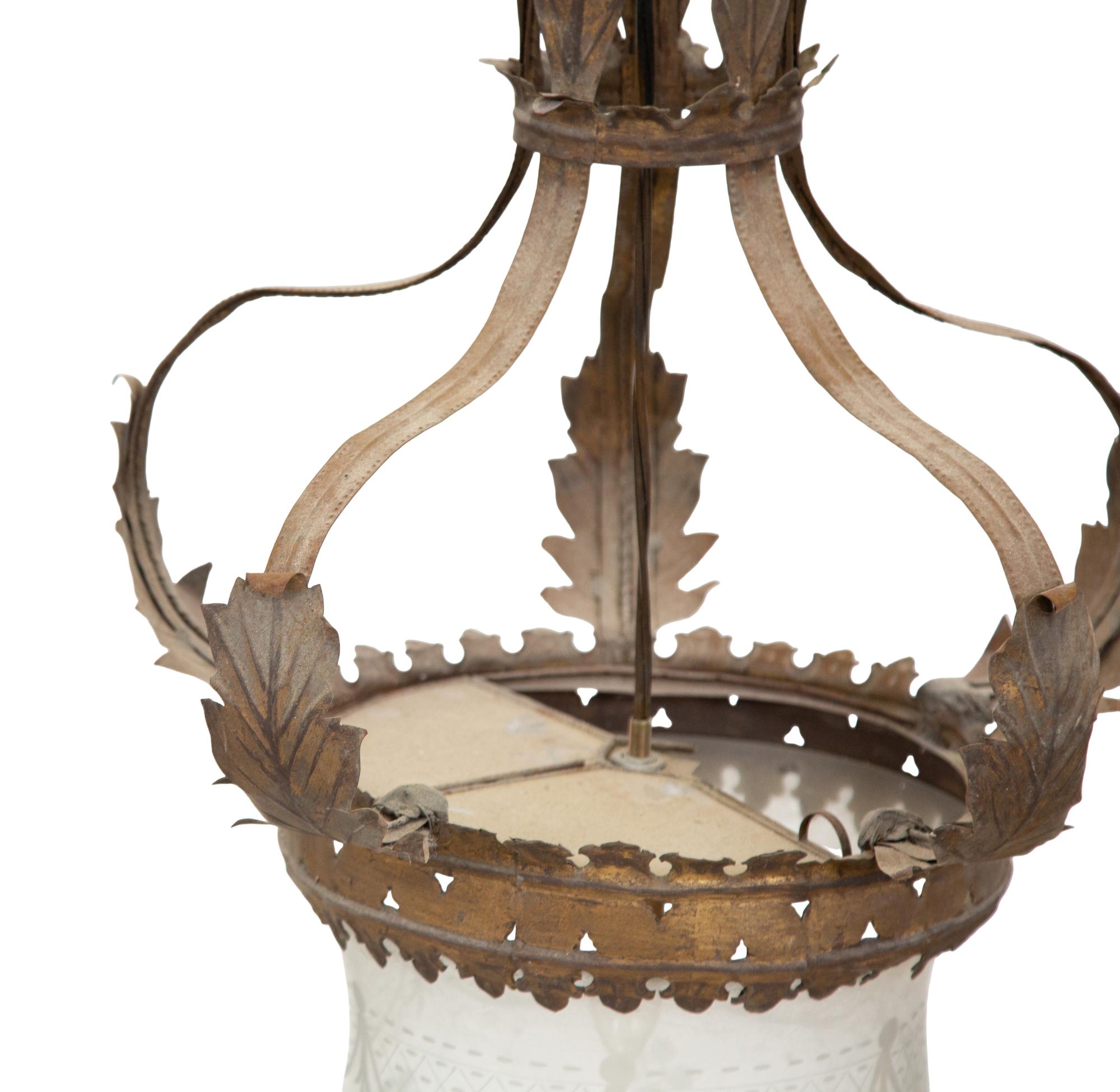 A Continental Gilt Tole and Etched Glass Hall Lantern