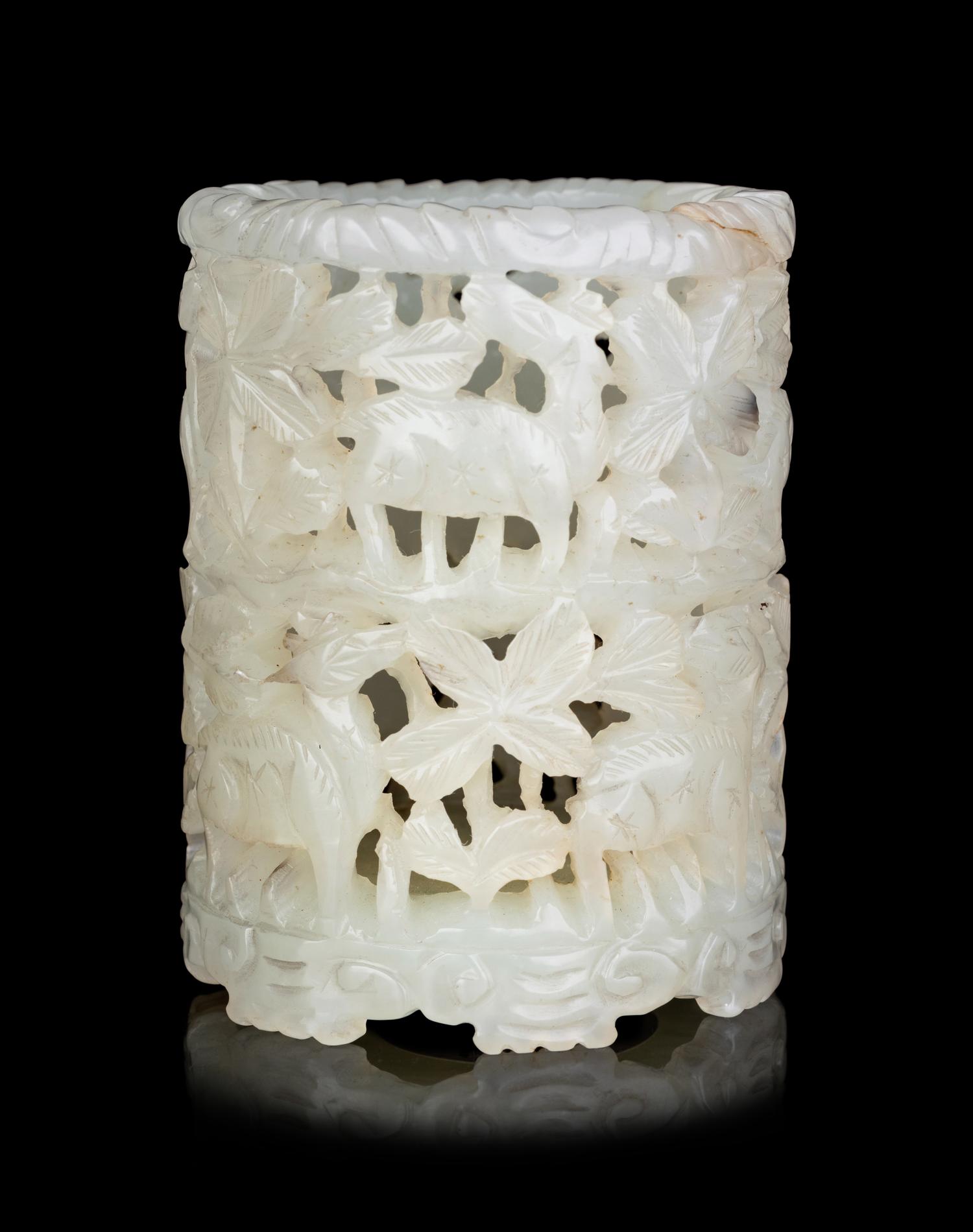 Four Chinese Carved Celadon Jade Scholar's Objects