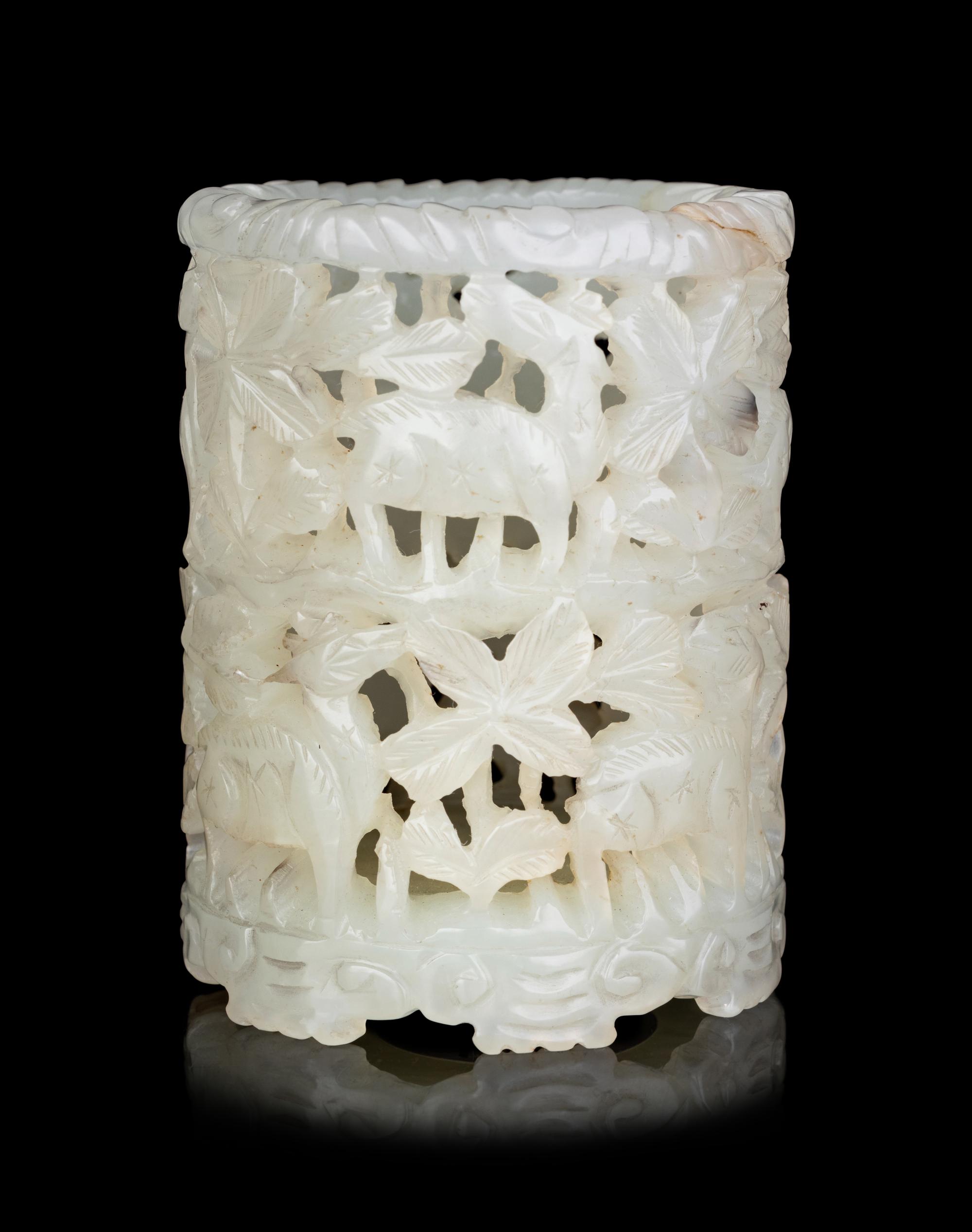 Four Chinese Carved Celadon Jade Scholar's Objects