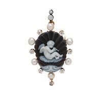 ANTIQUE, AGATE CHERUB CAMEO, DIAMOND, PEARL, AND YELLOW GOLD PENDANT BROOCH