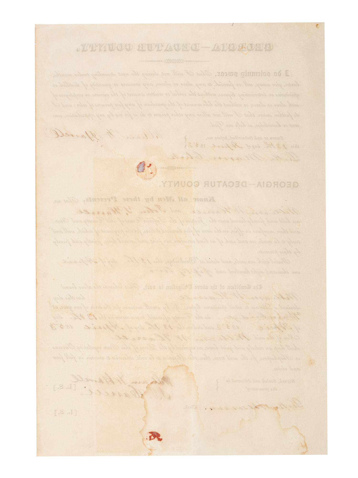 [SLAVERY & ABOLITION]. Partially printed merchant's affidavit swearing not to sell liquor to free or enslaved persons of color, Decatur County, GA, 13 April 1852.
