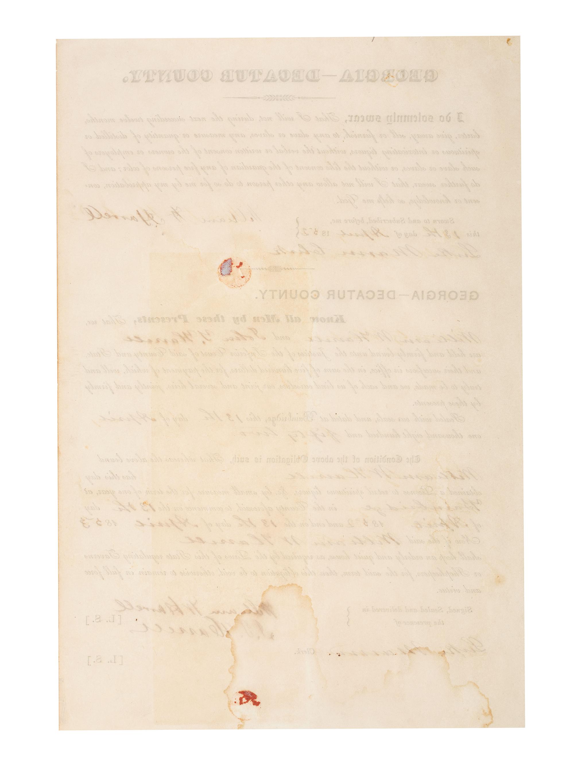 [SLAVERY & ABOLITION]. Partially printed merchant's affidavit swearing not to sell liquor to free or enslaved persons of color, Decatur County, GA, 13 April 1852.