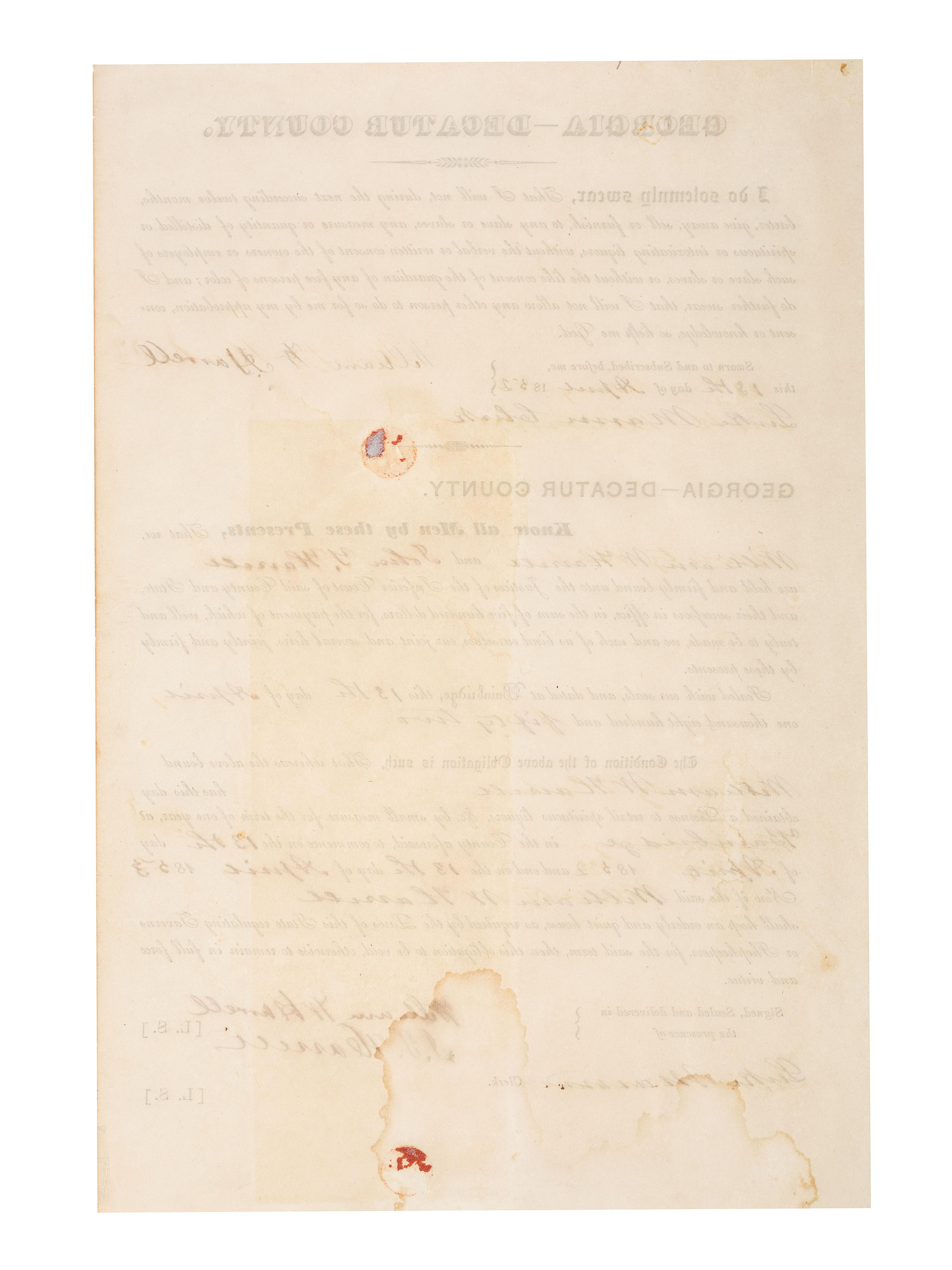 [SLAVERY & ABOLITION]. Partially printed merchant's affidavit swearing not to sell liquor to free or enslaved persons of color, Decatur County, GA, 13 April 1852.