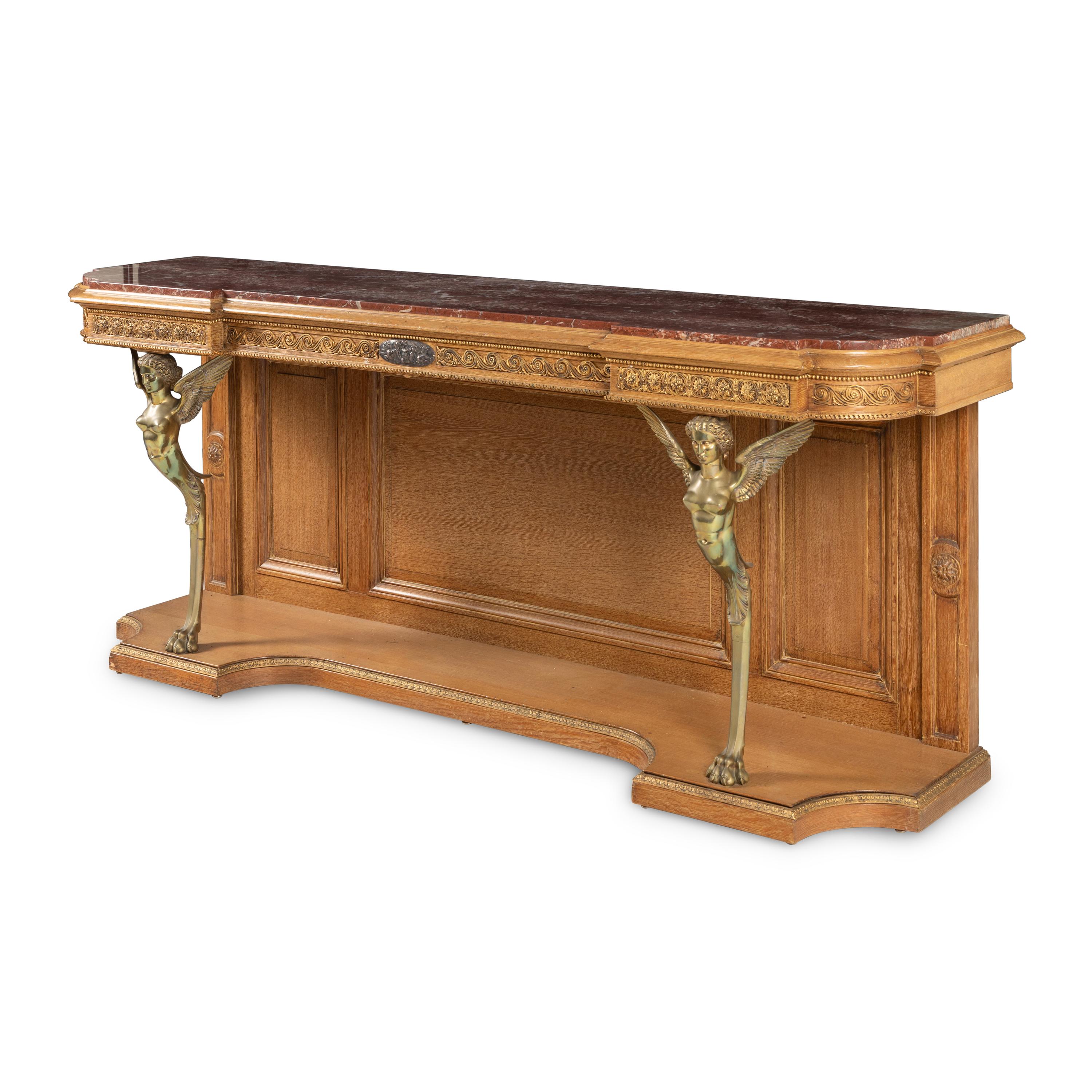 An Empire Style Gilt Bronze Mounted Oak and Rouge Marble-Top Console Desserte