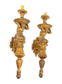 A Pair of Continental Gilt Bronze Figural Single-Light Figural Sconces
