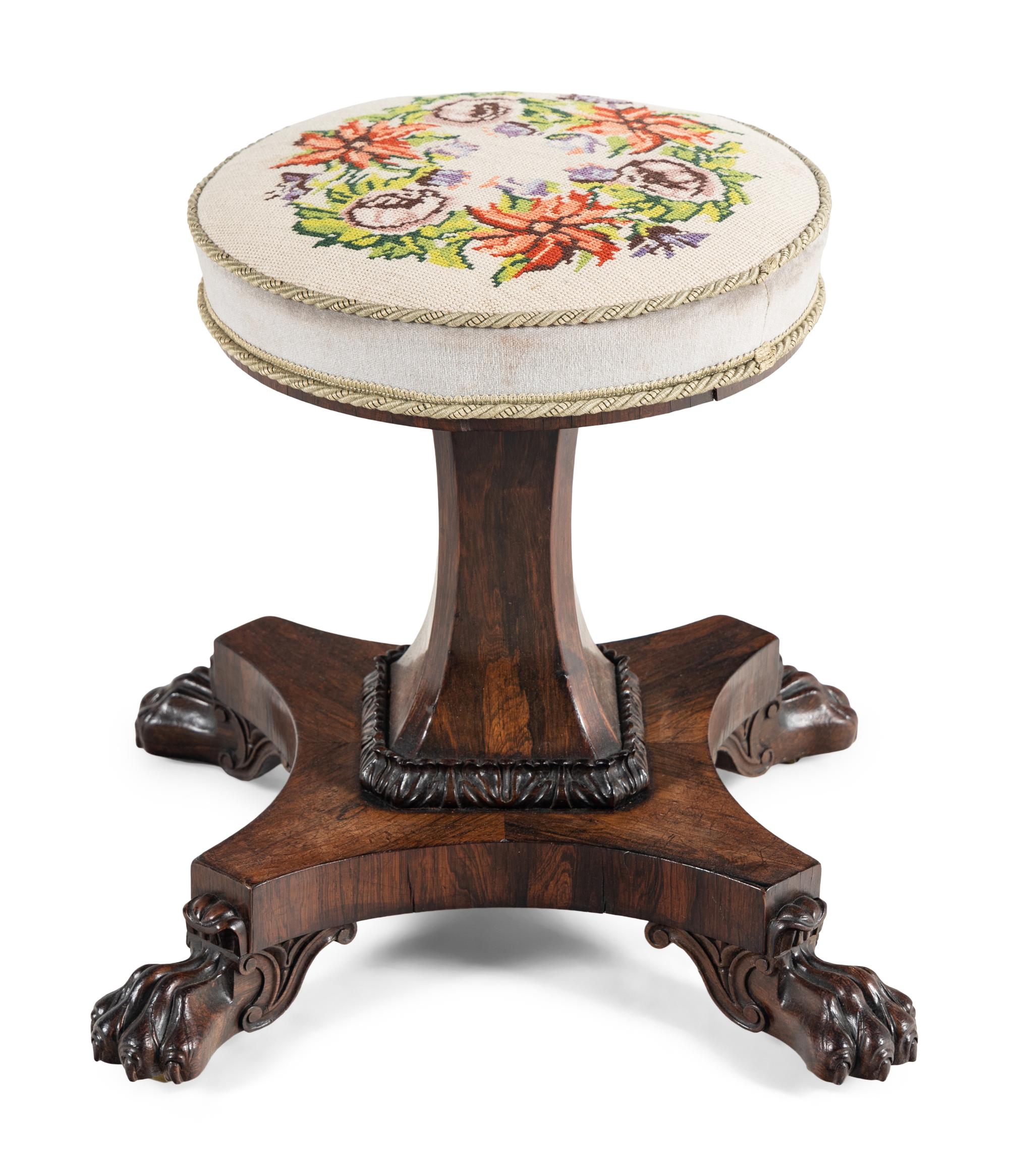 A Regency Rosewood and Needlepoint Upholstered Piano Stool