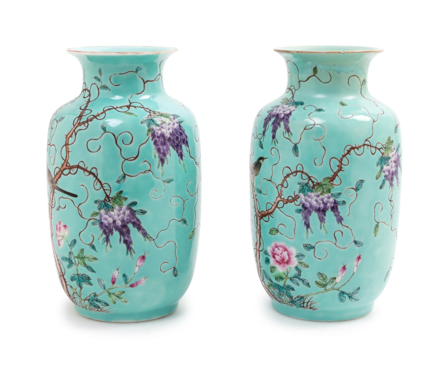 A Pair of Turquoise Ground Famille Rose Vases