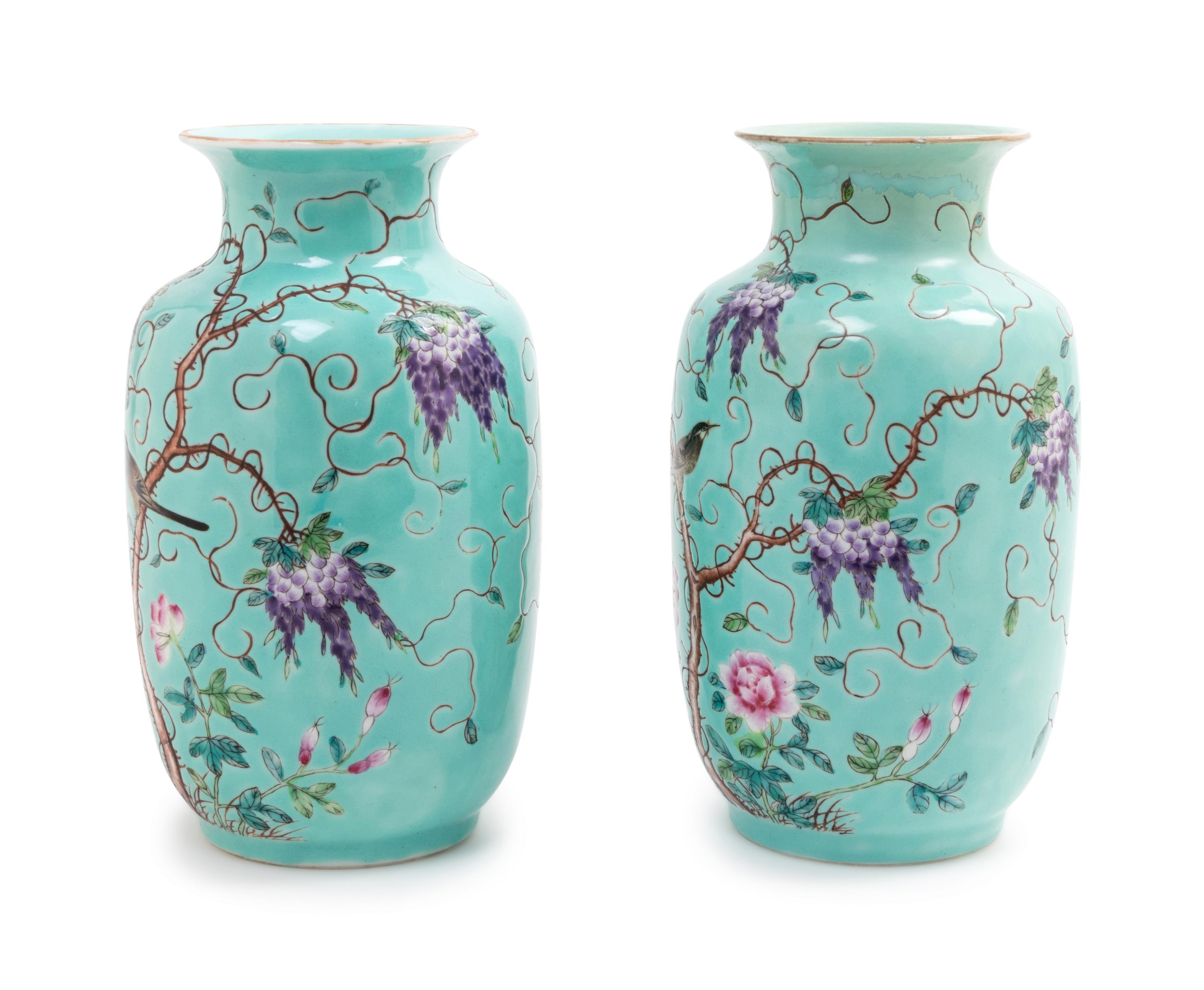 A Pair of Turquoise Ground Famille Rose Vases