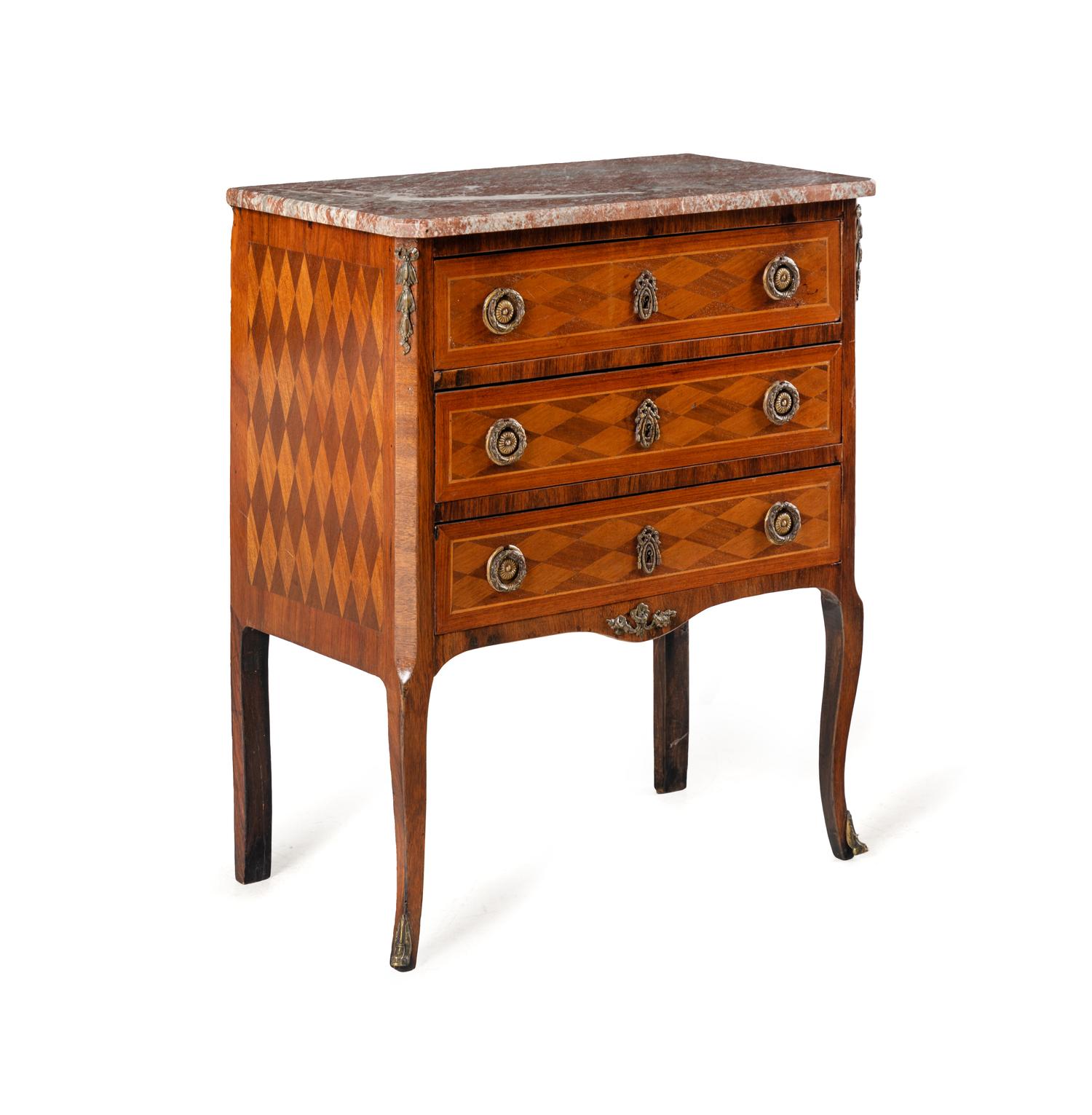 A Louis XVI Style Parquetry Marble-Top Commode