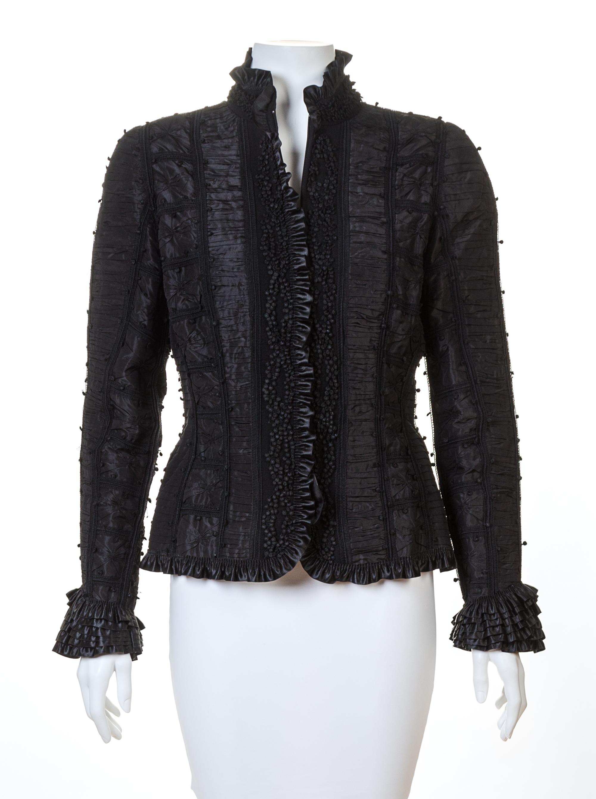 An Oscar de la Renta Black Silk Ruched Evening Jacket, Size 8.