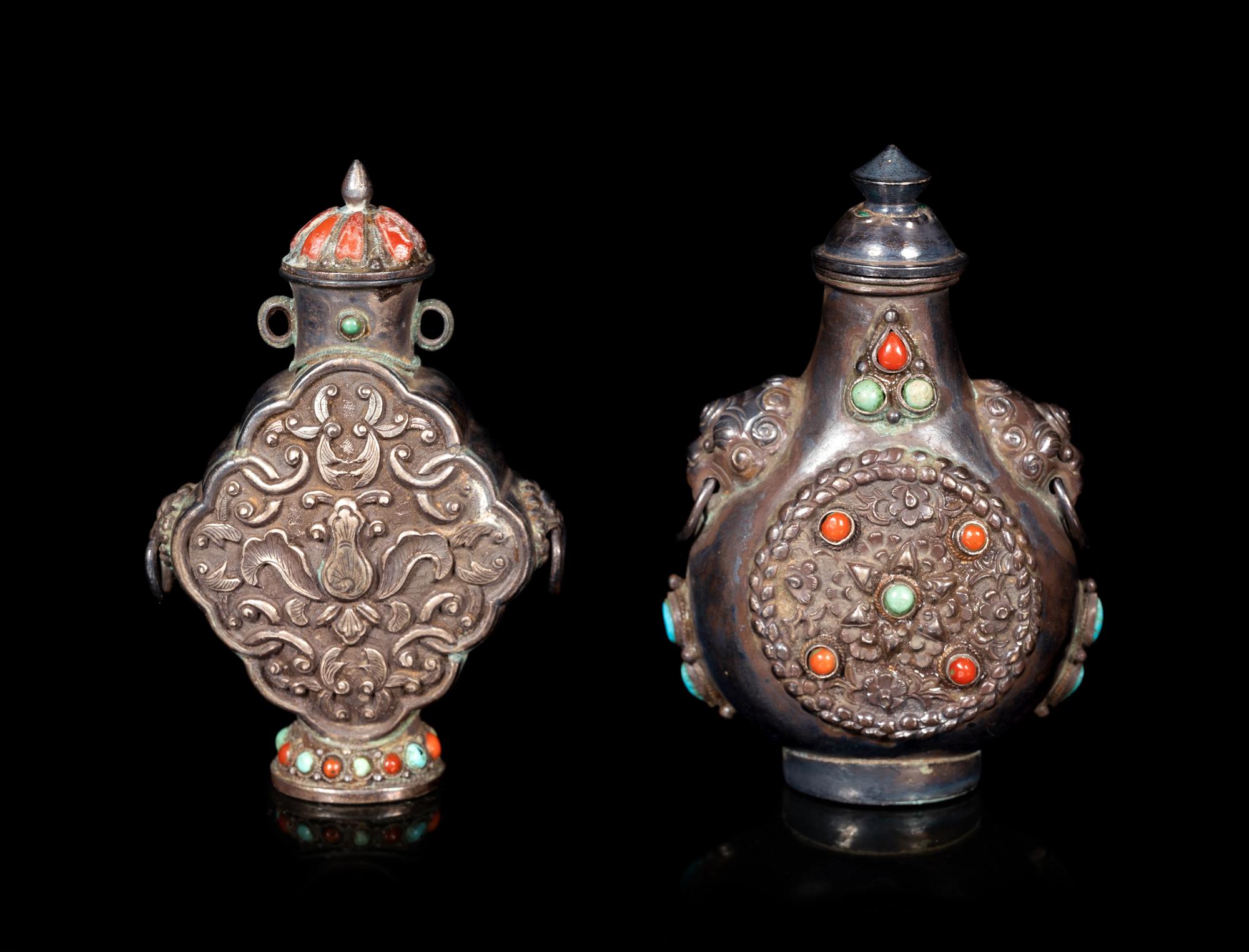 Two Mongolian or Tibetan Hardstone Inset Metal Snuff Bottles