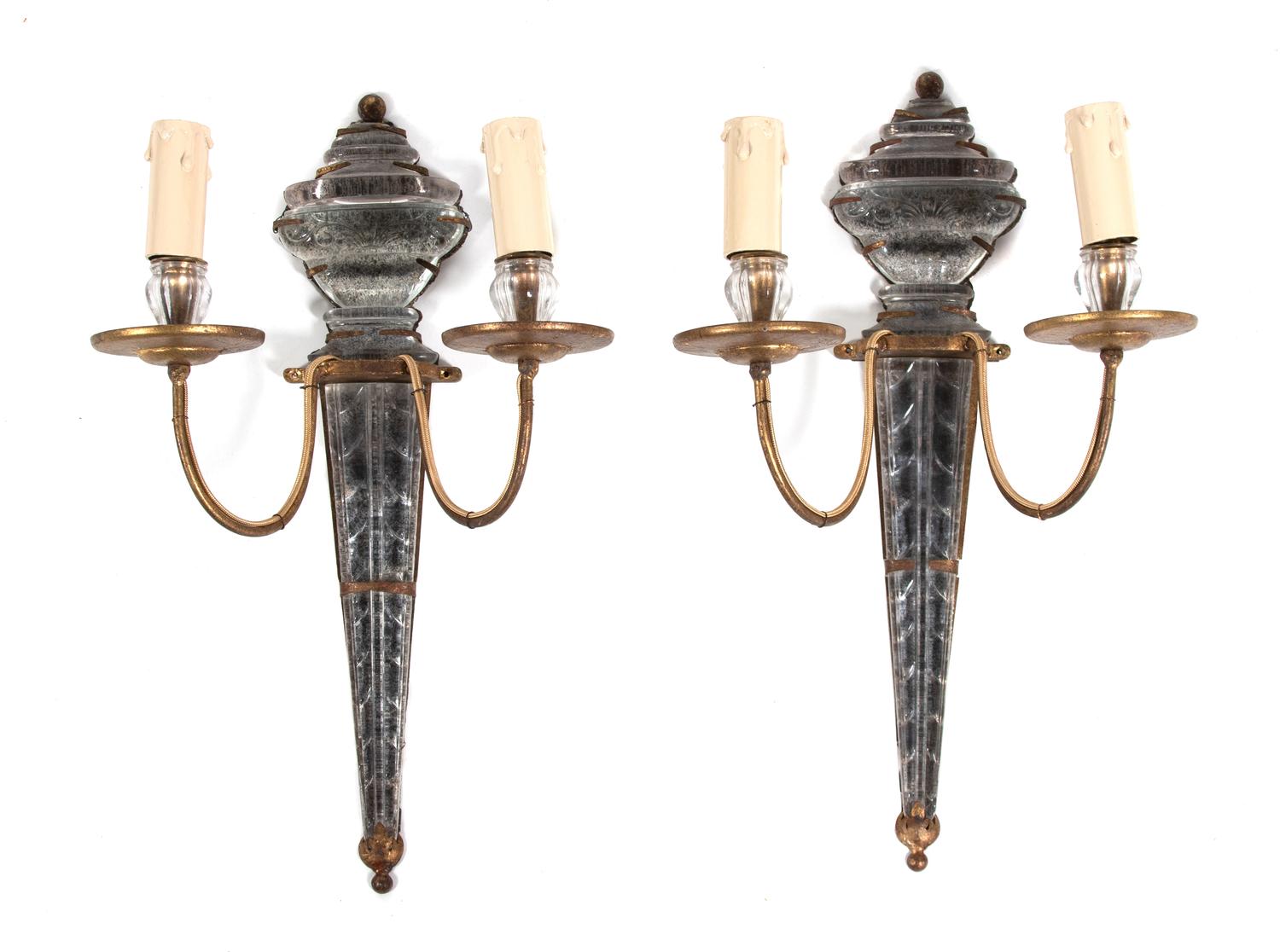 A Pair of Bagues Style Gilt-Metal and 'Rock Crystal' Sconces