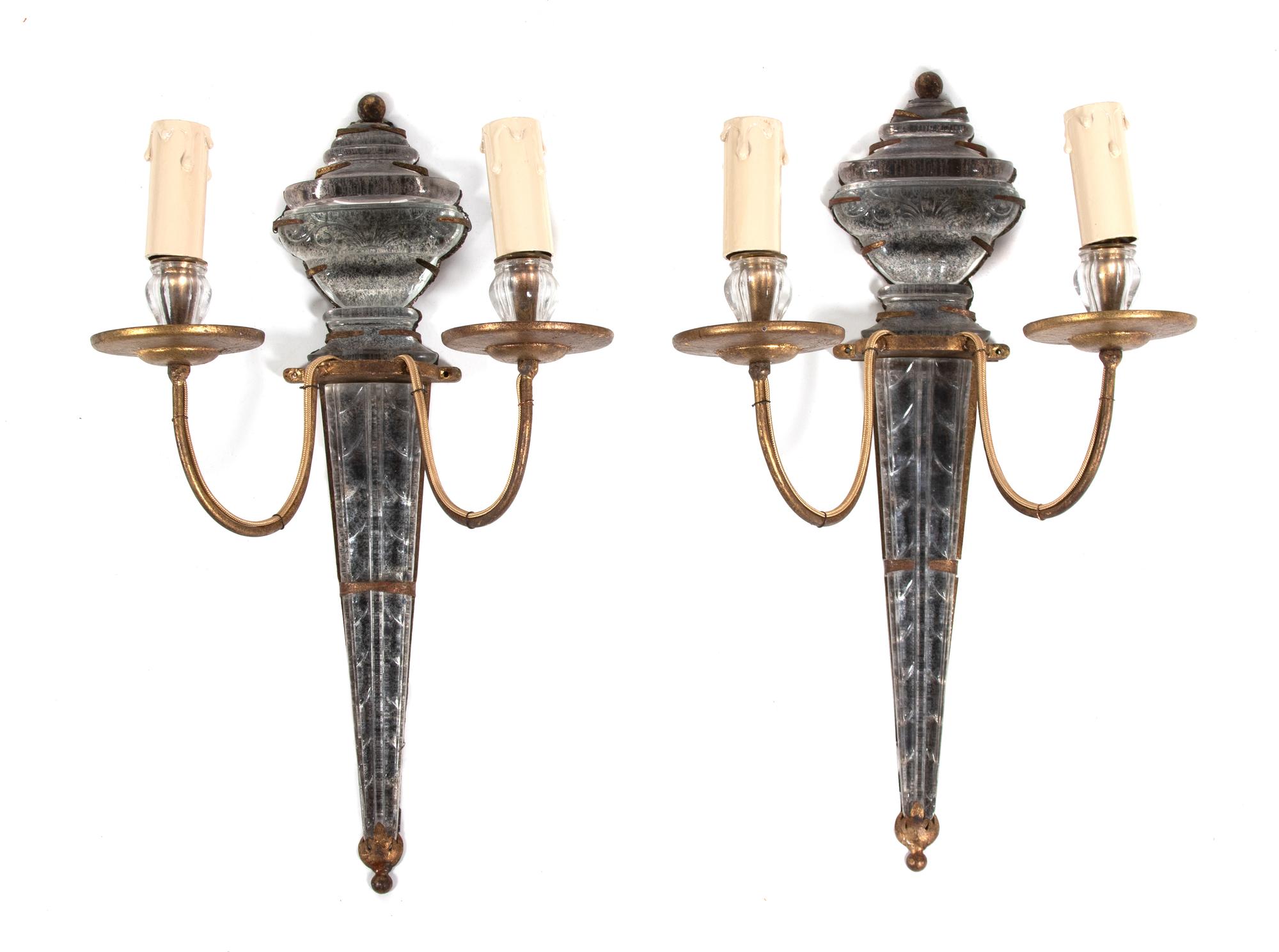 A Pair of Bagues Style Gilt-Metal and 'Rock Crystal' Sconces