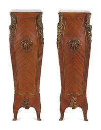 A Pair of Louis XV Style Gilt Metal Mounted Marble-Top Pedestals