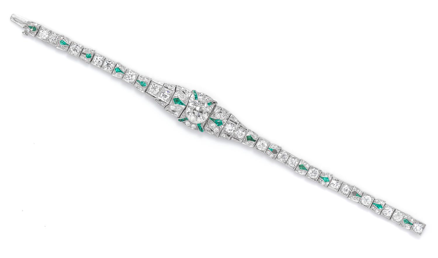 An Art Deco Platinum, Diamond and Emerald Bracelet, 15.70 dwts.