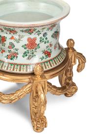 A Pair of Large Chinese Porcelain Jardinières on Giltwood Stands