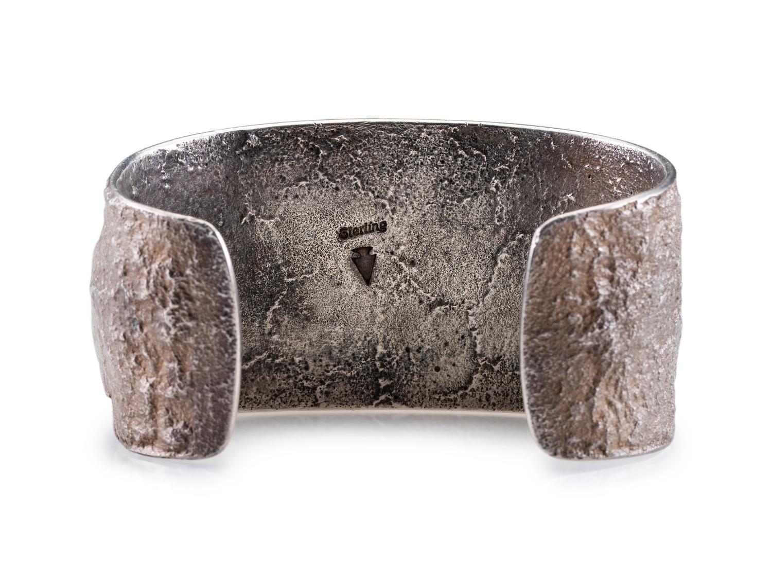 Sterling Silver Tufa Cast Cuff Bracelet, with Offset Turquoise Cabochon in a 14K Gold Bezel