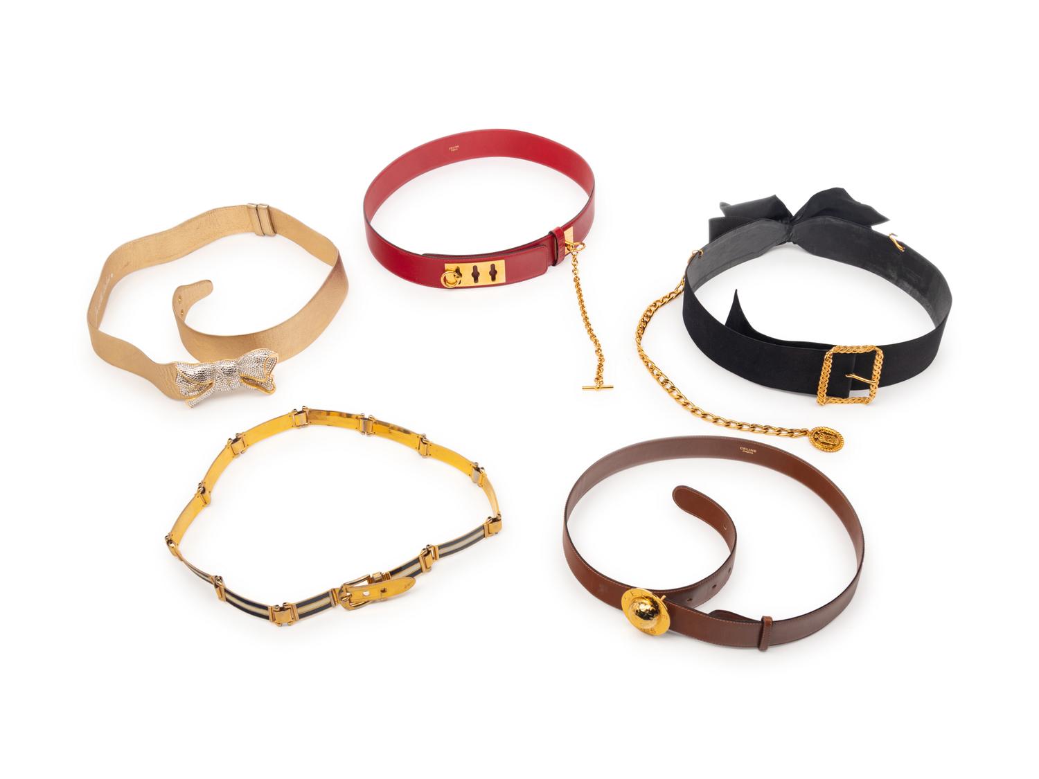 A Group of Five Designer Belts by Judith Leiber, Celine, Chanel, and Gucci