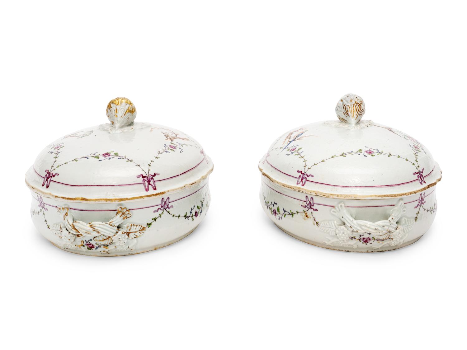 A Pair of Chinese Export Porcelain Vegetable Dishes and Covers with Twelve Matching Plates