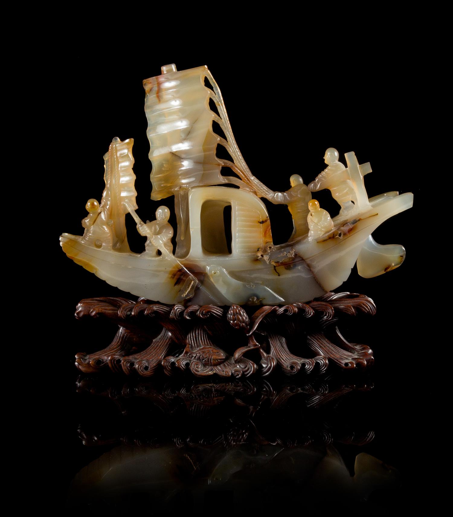 A Carved Agate Model of a Boat Length 8 3/4 inches. — LATE 19TH/EARLY 20TH CENTURY