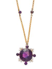 YELLOW GOLD, AMETHYST AND SEED PEARL NECKLACE