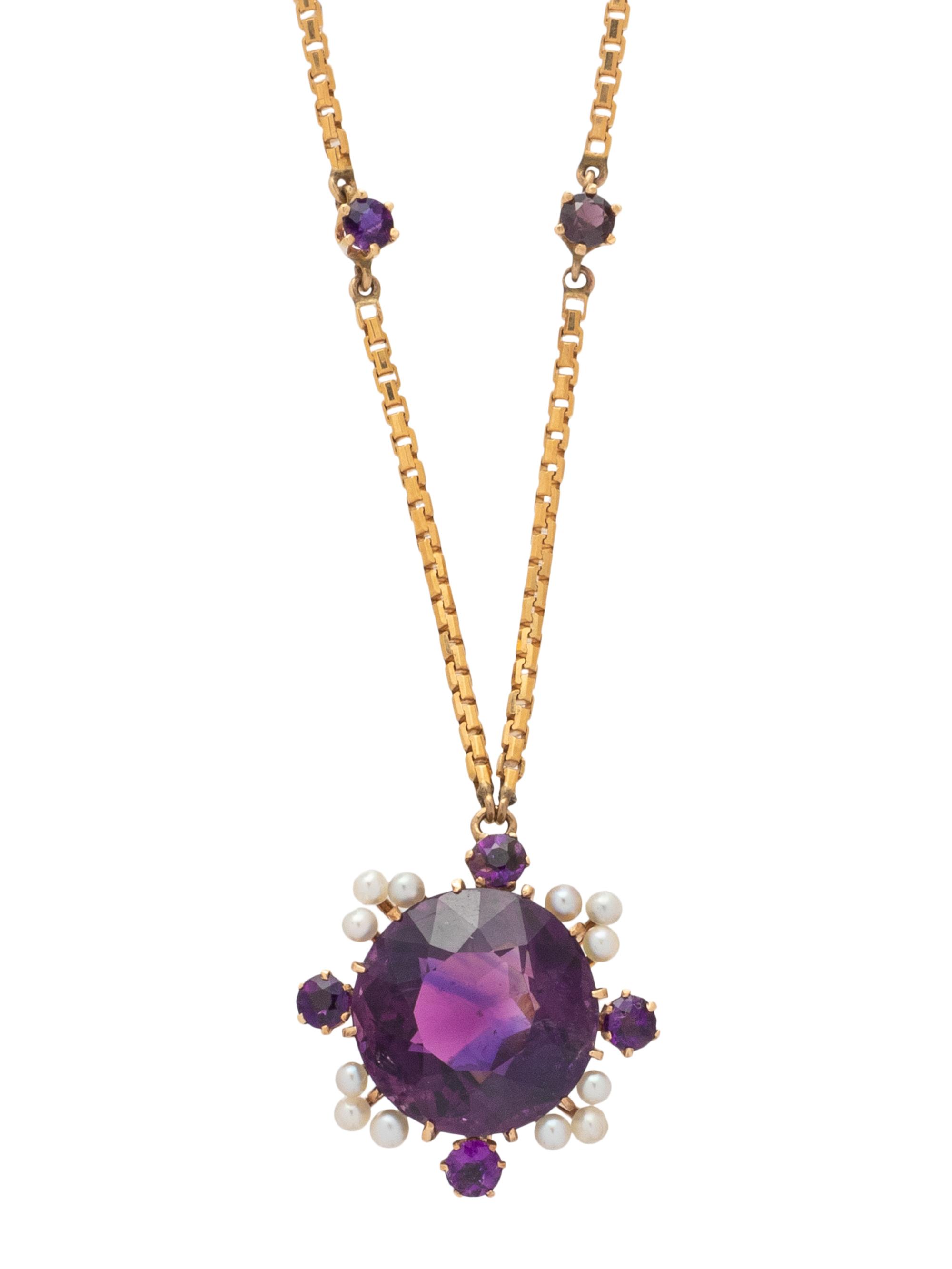 YELLOW GOLD, AMETHYST AND SEED PEARL NECKLACE