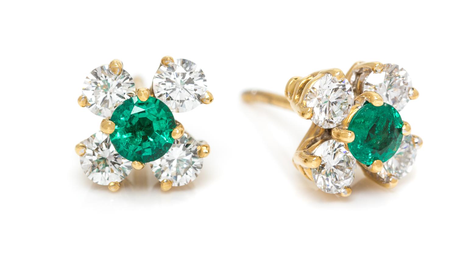 A Pair of 18 Karat Yellow Gold, Emerald and Diamond Earrings, Tiffany & Co., Circa 1989, 2.60 dwts.