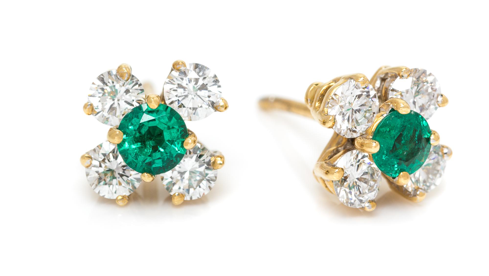 A Pair of 18 Karat Yellow Gold, Emerald and Diamond Earrings, Tiffany & Co., Circa 1989, 2.60 dwts.