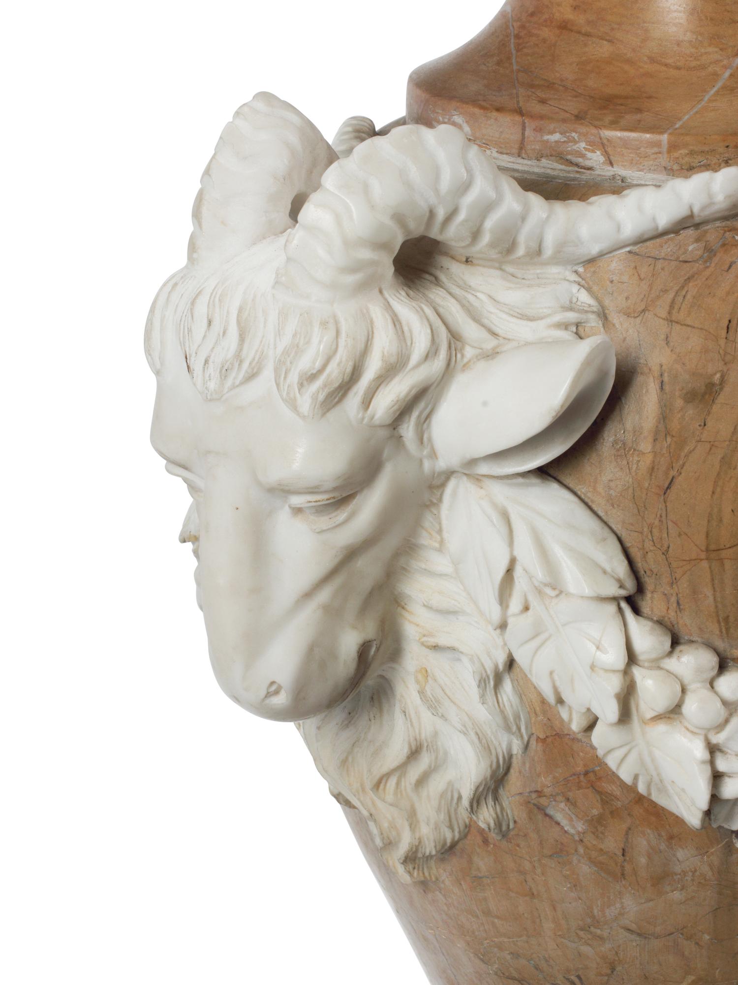 A Pair of Italian Carved Marble Vases on Stands