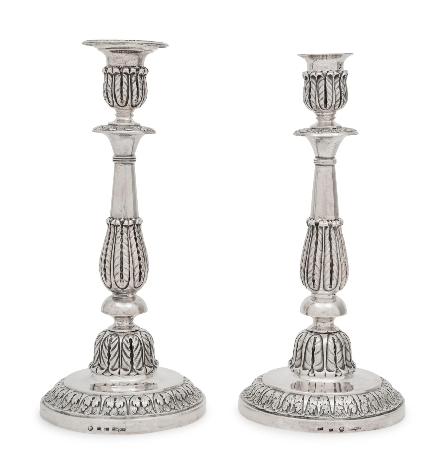 A Pair of Russian Silver Candlesticks