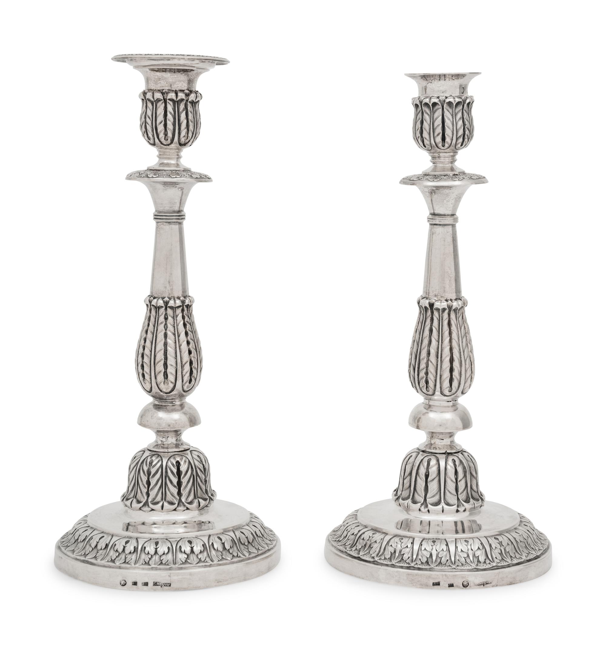 A Pair of Russian Silver Candlesticks