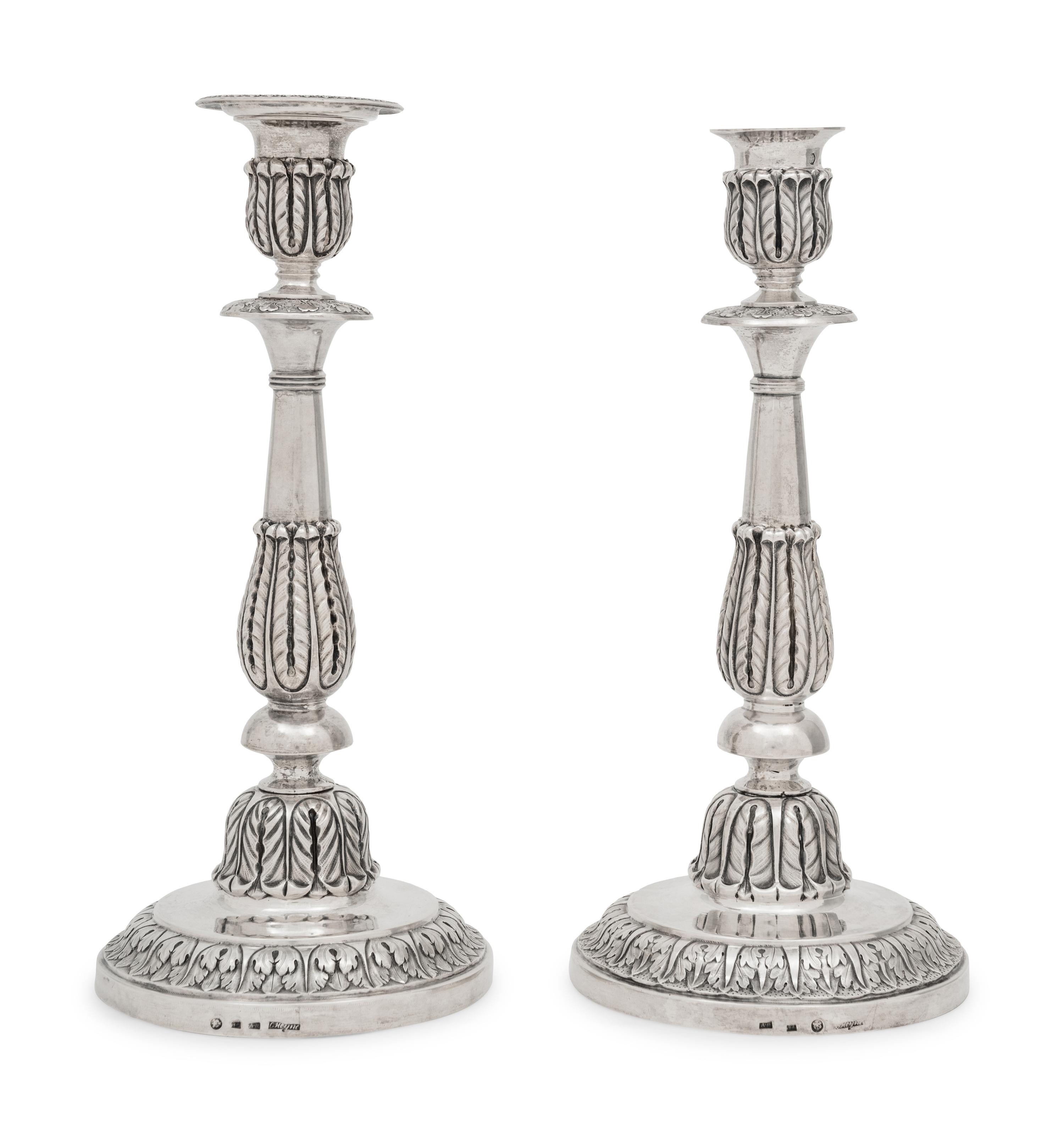 A Pair of Russian Silver Candlesticks