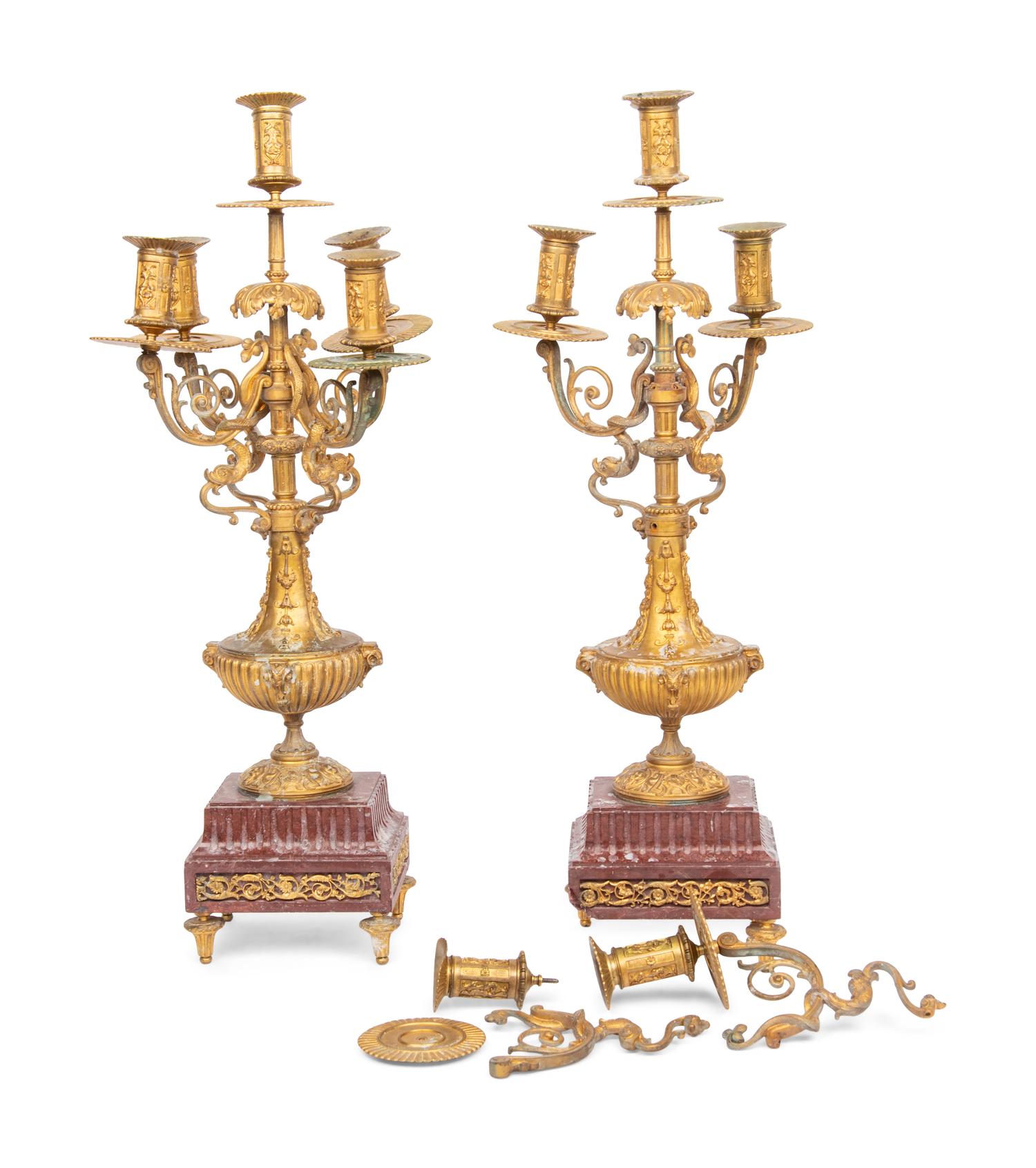 A Pair of Continental Gilt Bronze and Rouge Marble Five- Light Candelabra