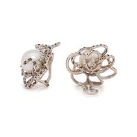 CULTURED PEARL, BLACK DIAMOND AND DIAMOND EARCLIPS