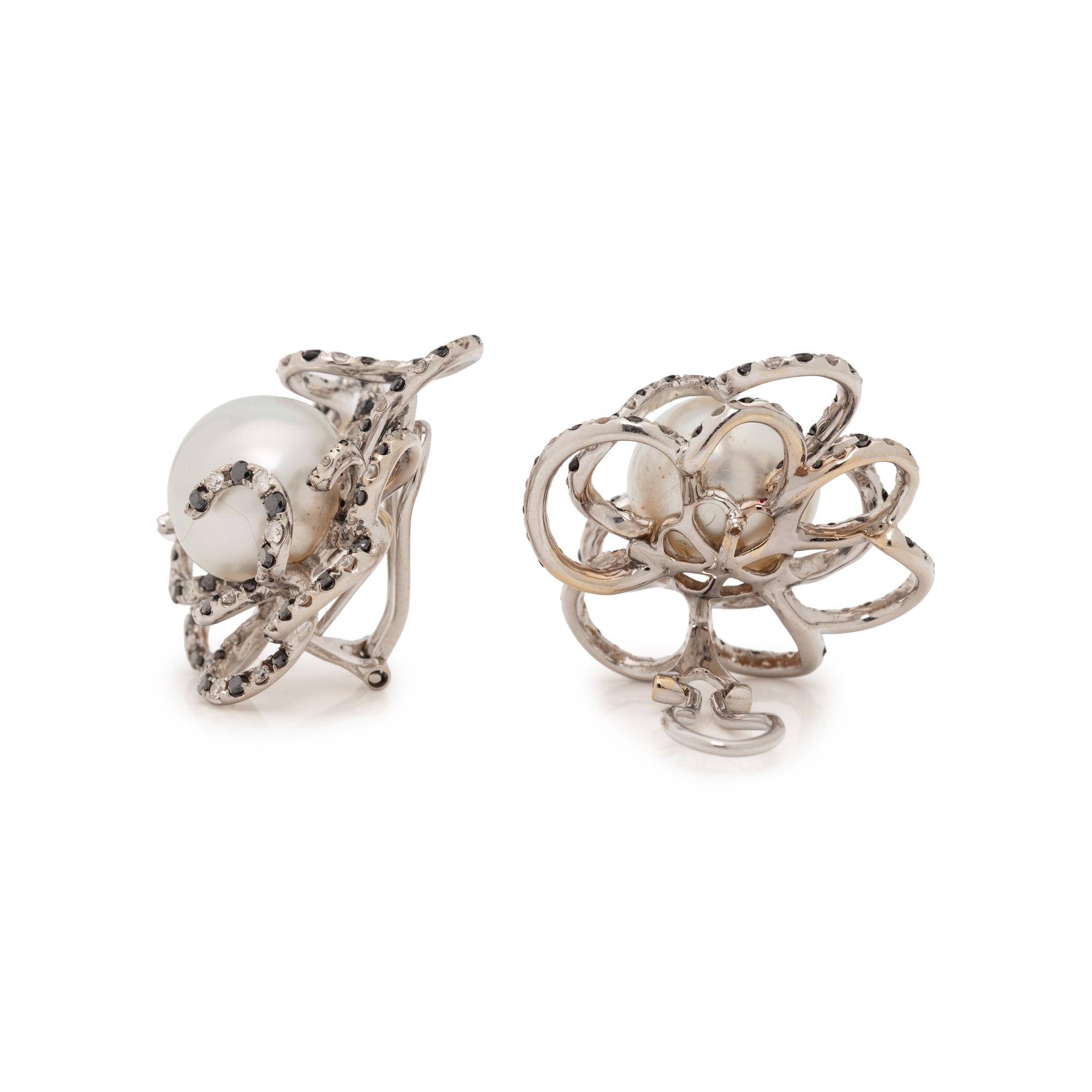 CULTURED PEARL, BLACK DIAMOND AND DIAMOND EARCLIPS